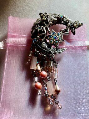 KIRKS FOLLY  CRESCENT MOON W/FAIRIES AND DANGLING BEADS BROOCH